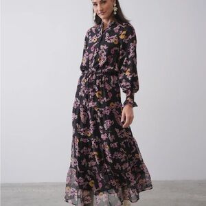 Black Floral Maxi Dress with Pink & Mustard Accents